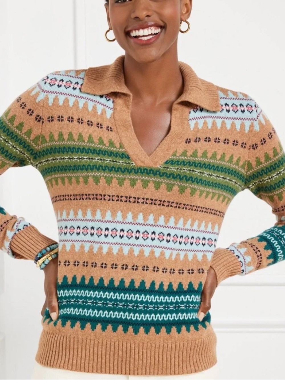 Talbots Johnny Collar Sweater Autumn Fair Isle Medium tan knit Nordic cabincore